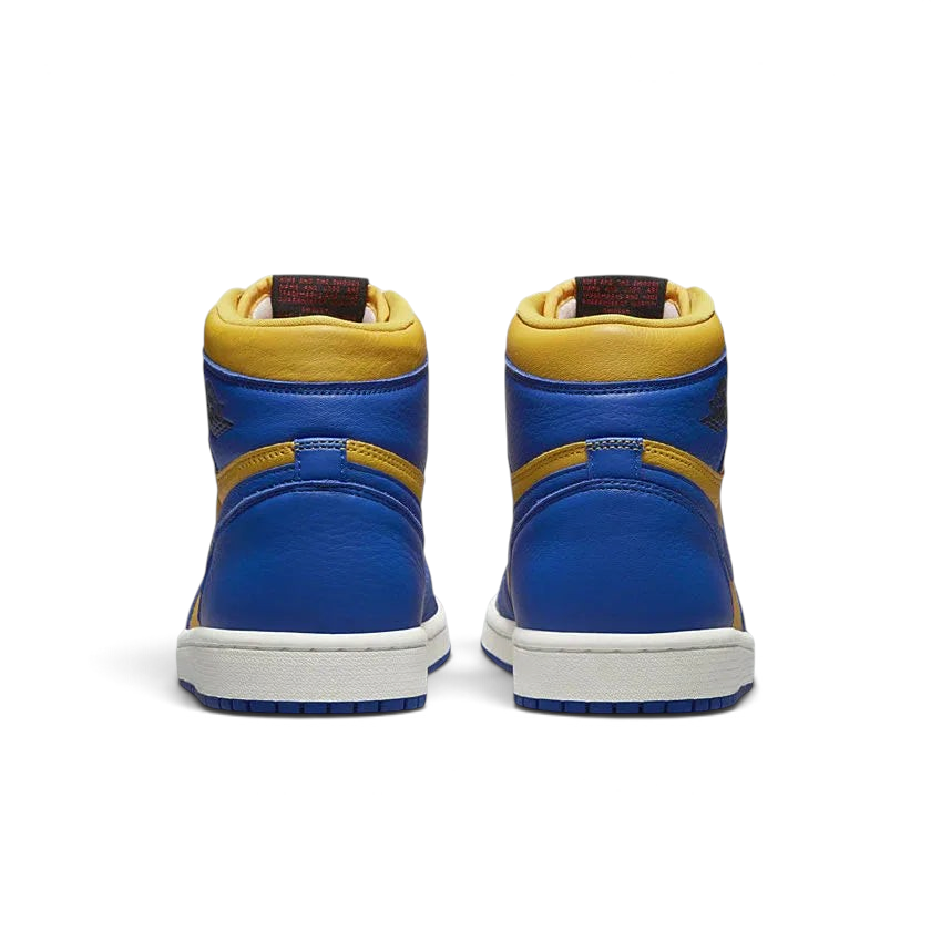 Rear view of the Air Jordan 1 Hi Retro OG Women's yellow/blue trainers, focusing on the Wings logo on the ankle collar and contrasting heel panels.