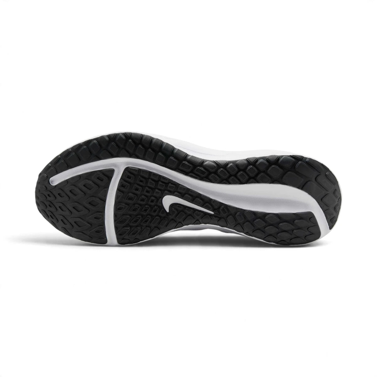 Full-length bottom profile showing the solid rubber outsole, highlighting the multi-directional road traction pattern, longitudinal flex siping grooves, perimeter grip pods, and debossed central Nike Swoosh.