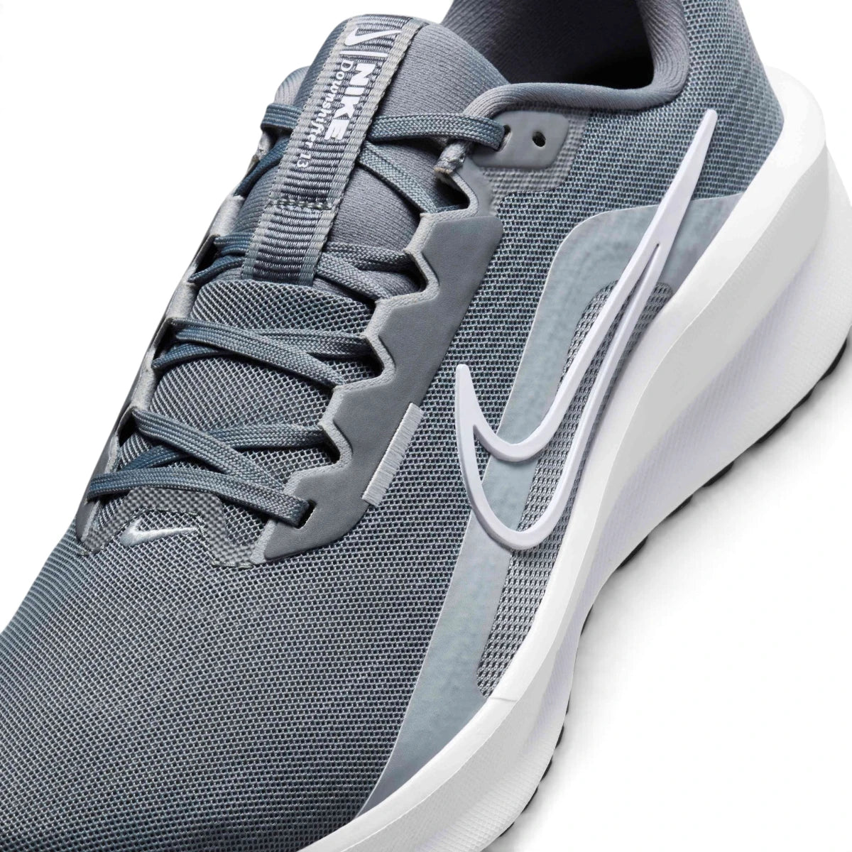 Breathable Cool Grey Open-Cell Mesh Forefoot, Hot-Melt Protective Toe Bumper, Integrated Internal Fit Band Anchors, and Flat Performance Lacing, demonstrating the airy micro-ventilation, scuff defence boundaries, and refined craftsmanship as the stylish final detail.