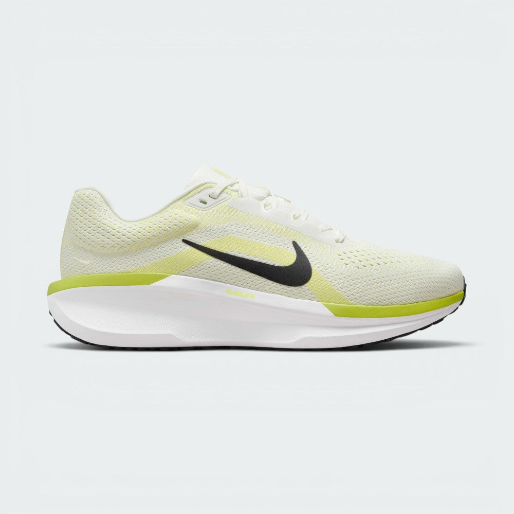 Lateral side view of the Nike Air Winflo 11 "Lime" running shoe, highlighting the breathable sail mesh upper, a bold black Swoosh, and a thick white midsole with a vibrant lime green top trim. Main image