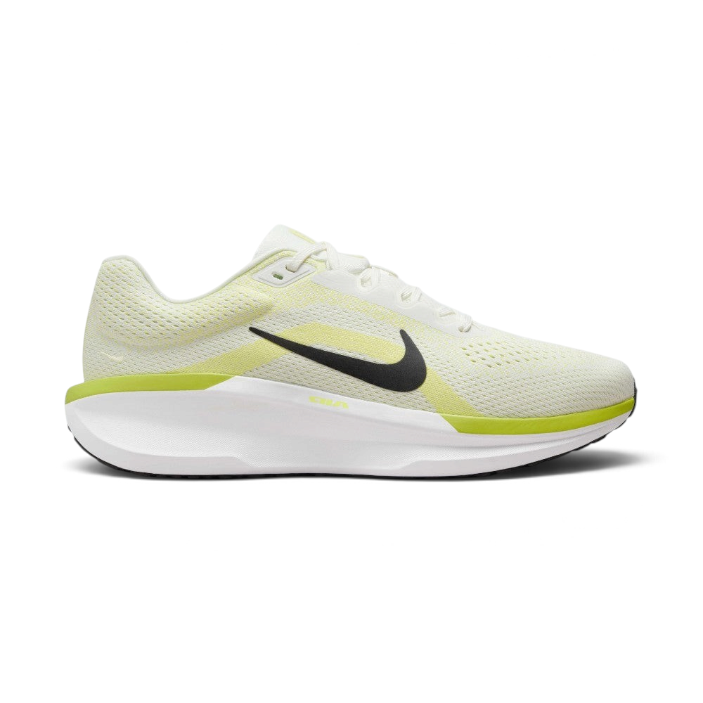 Lateral side view of the Nike Air Winflo 11 "Lime" running shoe, highlighting the breathable sail mesh upper, a bold black Swoosh, and a thick white midsole with a vibrant lime green top trim.