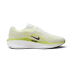 Medial side view of the Nike Air Winflo 11, featuring a smaller black Swoosh near the midfoot and a thin lime green strip accented with black "CUSHLON" branding.