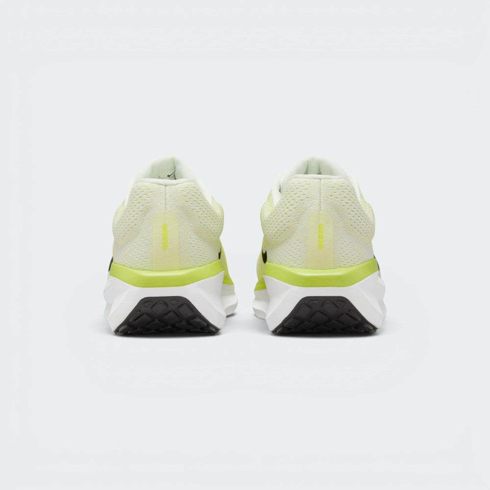 Rear view of the pair of Nike Air Winflo 11 shoes from behind, showcasing the padded white mesh heel collars, lime green trim bands, and the wide, stable design of the white midsoles.
