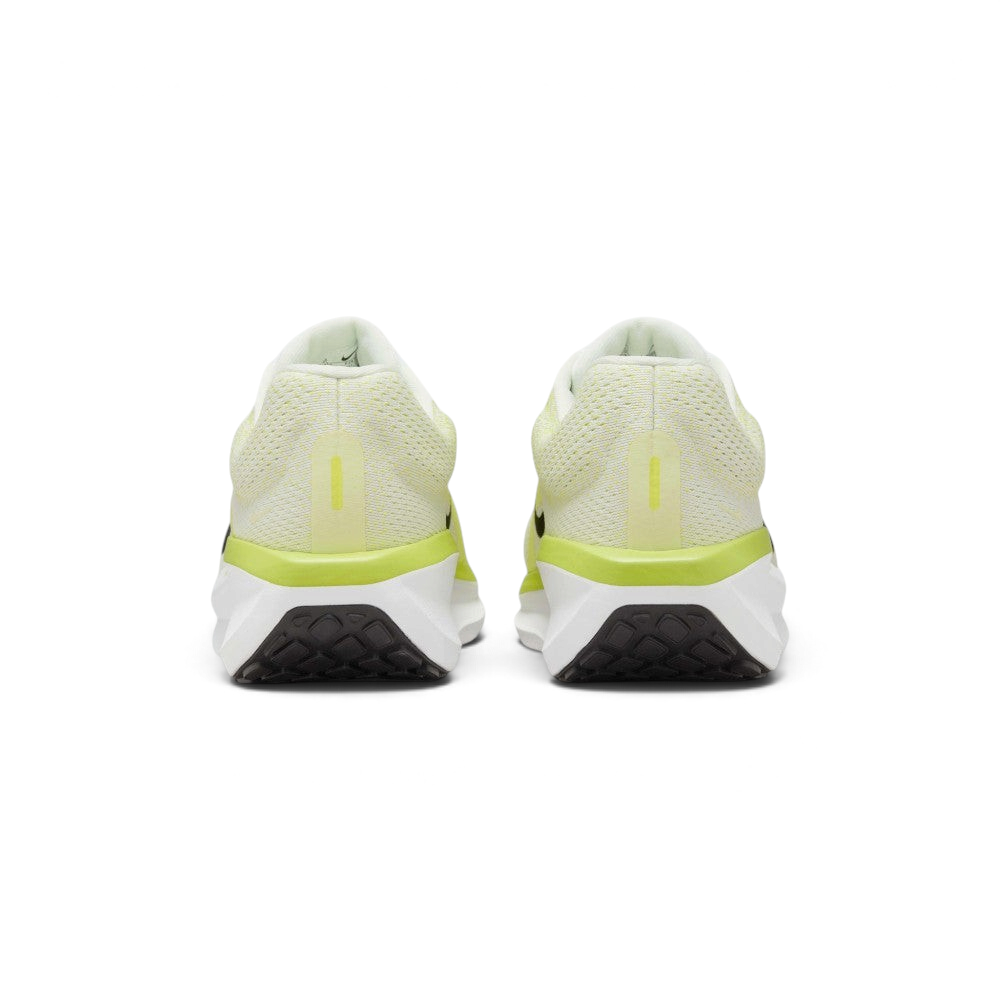 Rear view of the pair of Nike Air Winflo 11 shoes from behind, showcasing the padded white mesh heel collars, lime green trim bands, and the wide, stable design of the white midsoles.