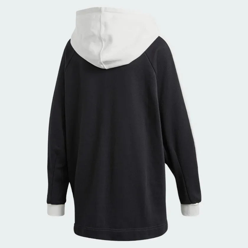 Adidas Women's Oversized Bellista Hoodie in white, back view showcasing the relaxed, oversized fit and smooth fleece fabric.