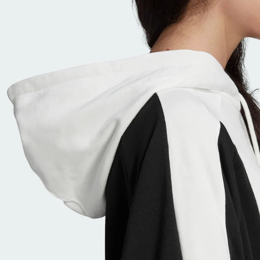Detailed zoom on the hood and drawcord of the Adidas Women's Oversized Bellista Hoodie, highlighting the thick fabric and adjustable feature.