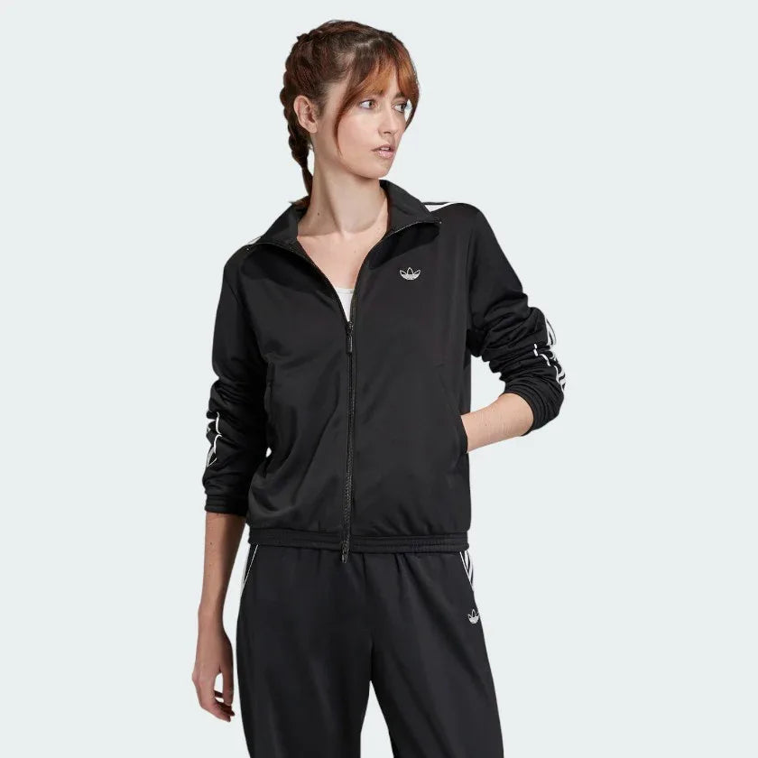 Adidas Women's Archival Track Jacket in black, front view showing full zip, stand-up collar, white 3-Stripes on sleeves, and embroidered Trefoil logo. Main image