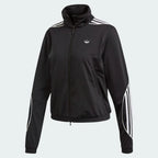 Adidas Women's Archival Track Jacket in black, front view showing full zip, stand-up collar, white 3-Stripes on sleeves, and embroidered Trefoil logo.