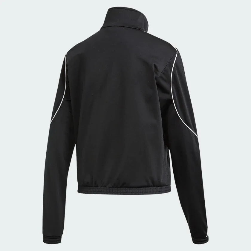 Adidas Women's Archival Track Jacket in black, back view showcasing the plain design and the structured knit fabric.