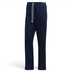 Adidas Recycled Track Pants Men's in dark blue, front view showing elastic waistband, drawcord, side pockets, and contrasting 3-Stripes down the legs.