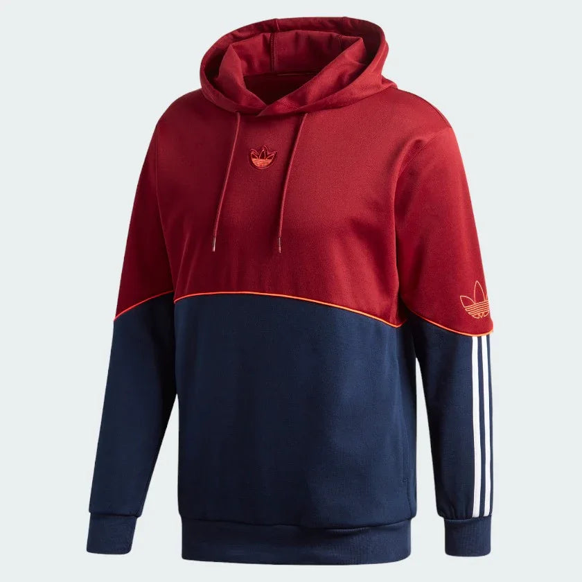 Adidas Outline Overhead Hoodie Men's in active red, front view showing large white Trefoil outline logo on the chest and a kangaroo pocket.