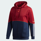 Adidas Outline Overhead Hoodie Men's in active red, front view showing large white Trefoil outline logo on the chest and a kangaroo pocket.