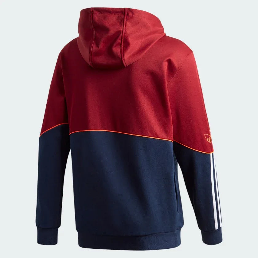 Adidas Outline Overhead Hoodie Men's in active red, back view showcasing the plain design and the hood.