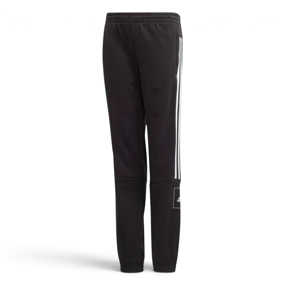 Black tracksuit pants with white stripes on a light gray background