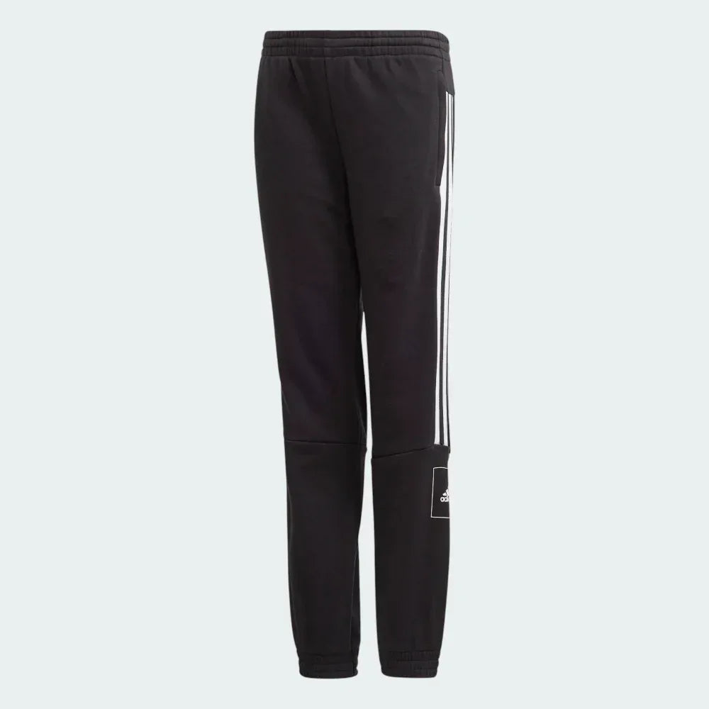 Black tracksuit pants with white stripes on a light gray background