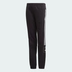 Black tracksuit pants with white stripes on a light gray background