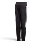 Black jogger pants with white stripes on a light gray background