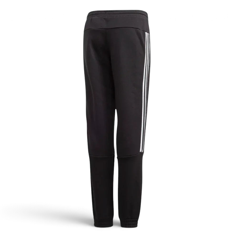 Black jogger pants with white stripes on a light gray background