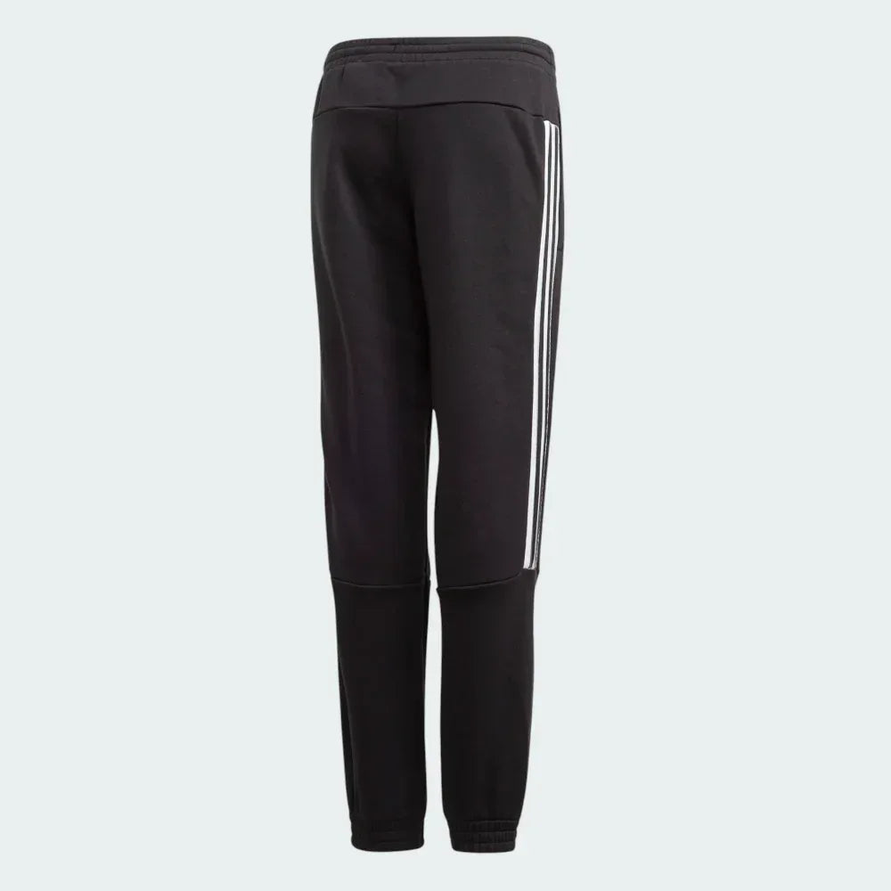Black jogger pants with white stripes on a light gray background