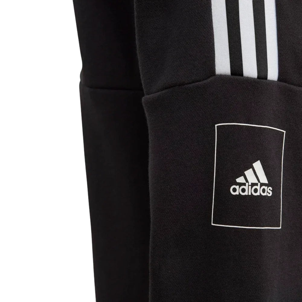 Black Adidas hoodie with logo and three stripes on a light gray background