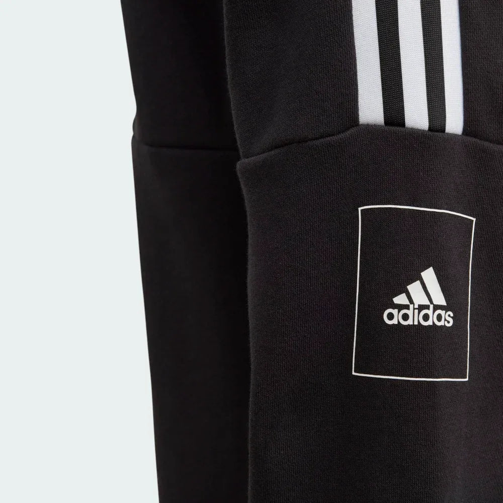 Black Adidas hoodie with logo and three stripes on a light gray background