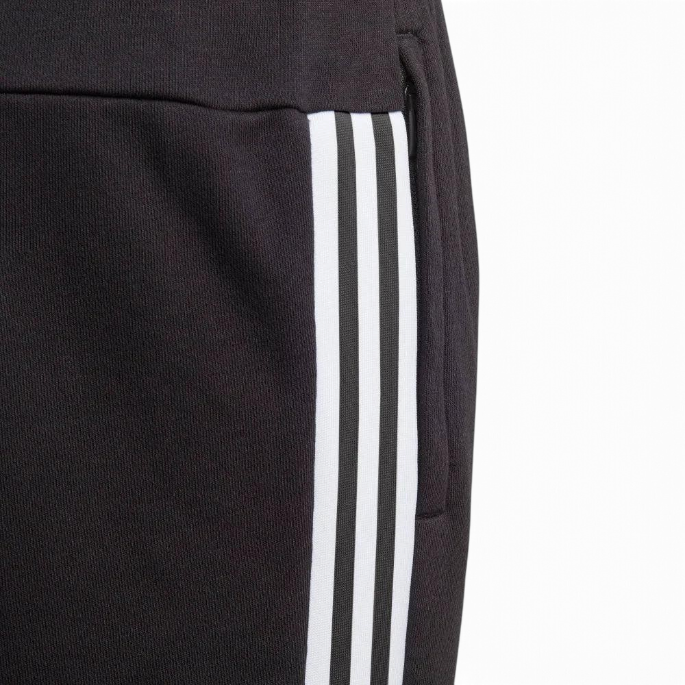 Trade Sports Adidas black French terry track pants featuring signature white 3-Stripes and a concealed zip side pocket.