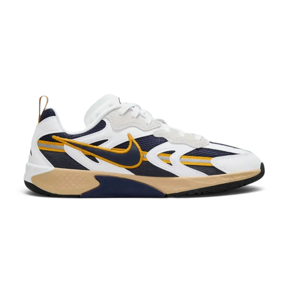 Side profile of the Nike Jam Women's trainers in Summit White, showing the intricate layered upper, navy Swoosh, and the low-profile gum rubber sole.