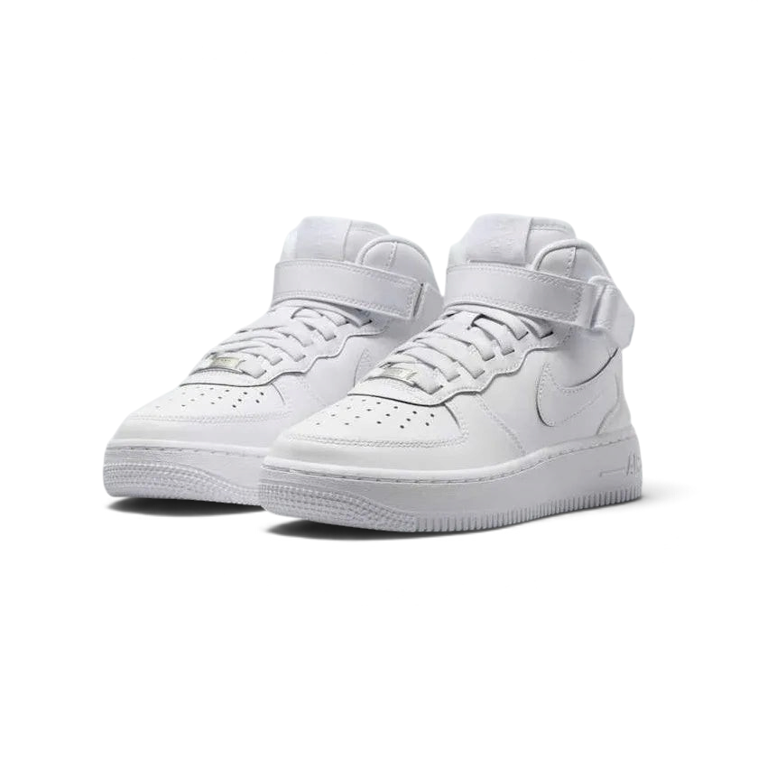 Nike Air Force 1 Mid EasyOn Juniors White FN1193-111 angled view showing white leather upper and clean lines