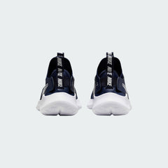 Rear view of the Nike Flex Runner 3 Juniors' navy trainers, focusing on the structured heel and simple Nike branding.