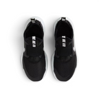 Top-down view of the black trainers, highlighting the elastic straps and the Nike branding on the tongue pull tab.