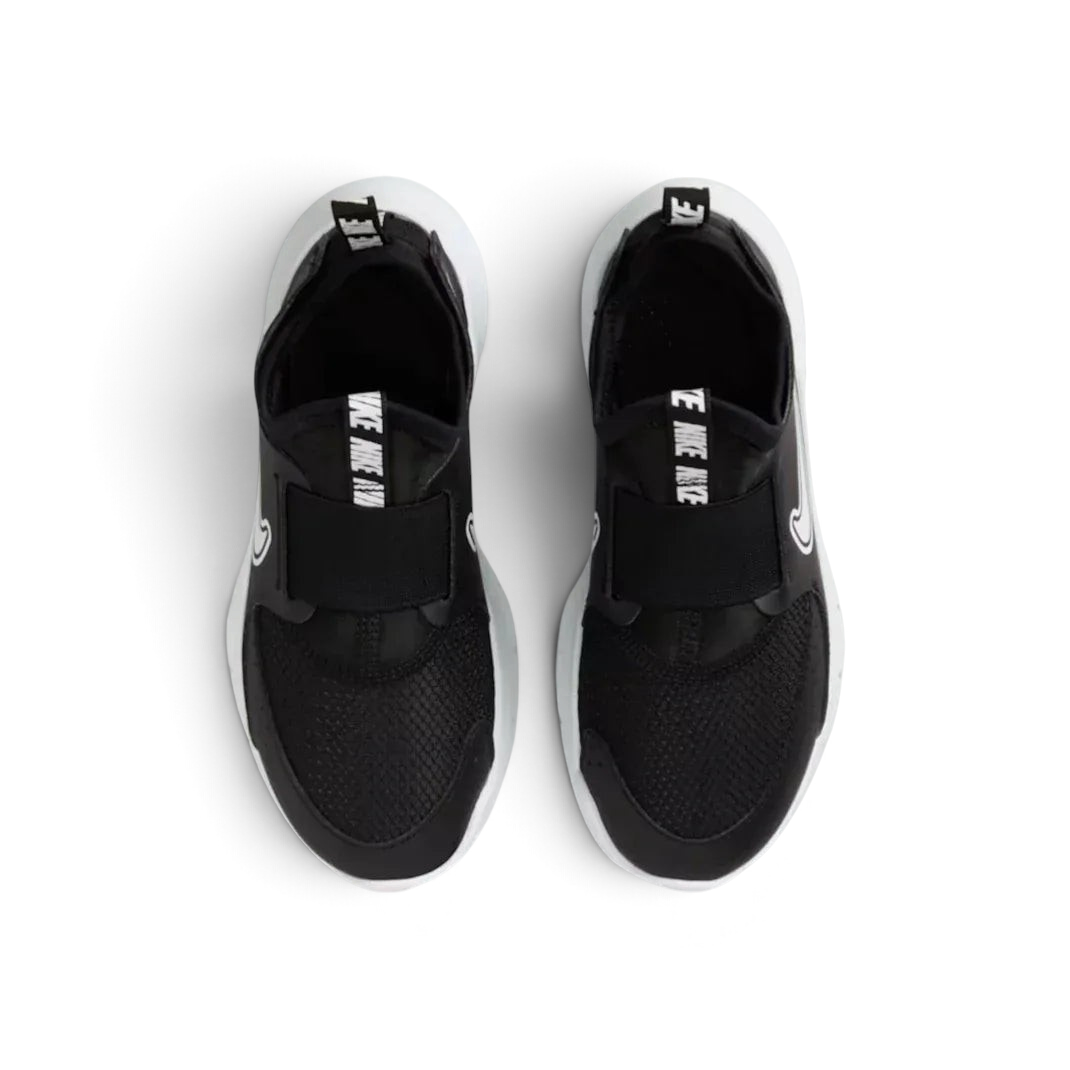 Top-down view of the black trainers, highlighting the elastic straps and the Nike branding on the tongue pull tab.