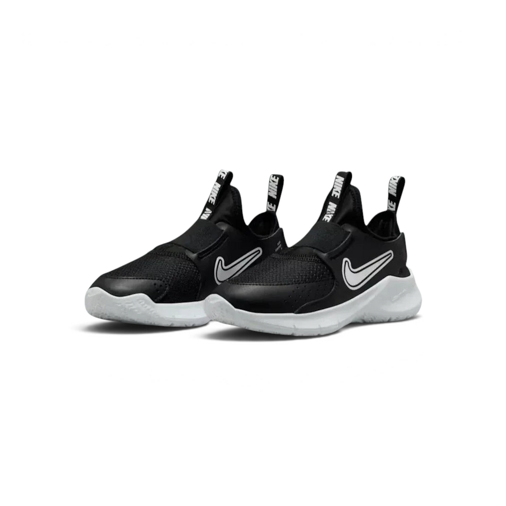 Angled shot of both Nike Flex Runner trainers, showcasing the slip-on silhouette and sleek monochrome design.