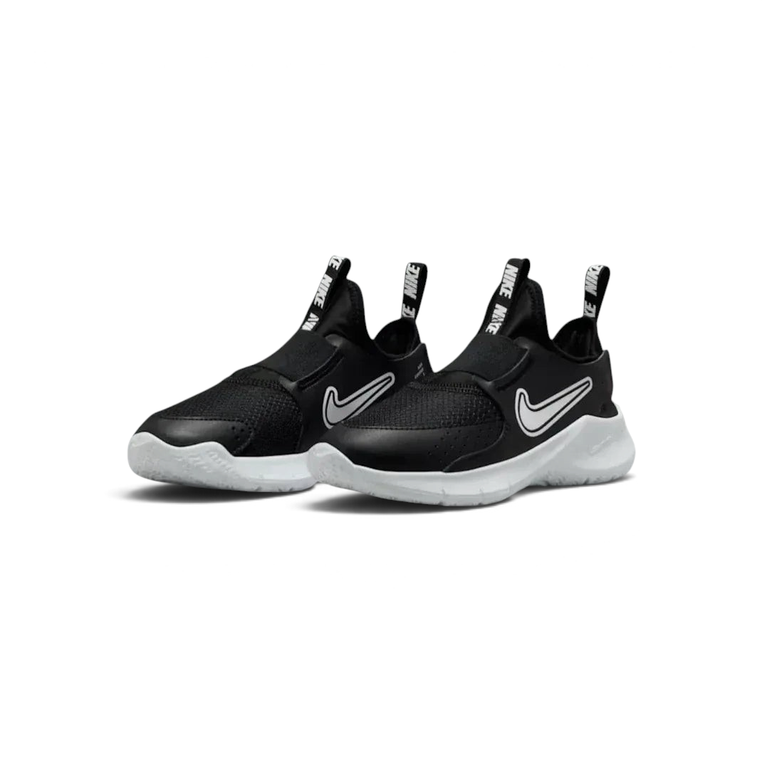 Angled shot of both Nike Flex Runner trainers, showcasing the slip-on silhouette and sleek monochrome design.
