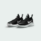 Angled shot of both Nike Flex Runner trainers, showcasing the slip-on silhouette and sleek monochrome design.