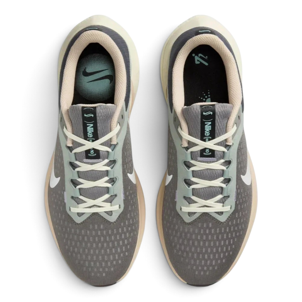Top-down view of the grey and pewter trainers, highlighting the sleek lacing system and the fine texture of the engineered mesh toe box.