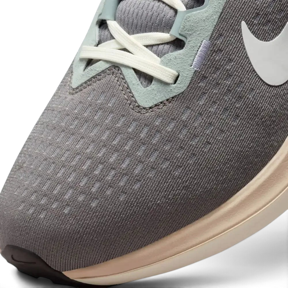 Close-up of the front, showing the reinforced toe cap and the intricate weave of the Flat Pewter mesh material.