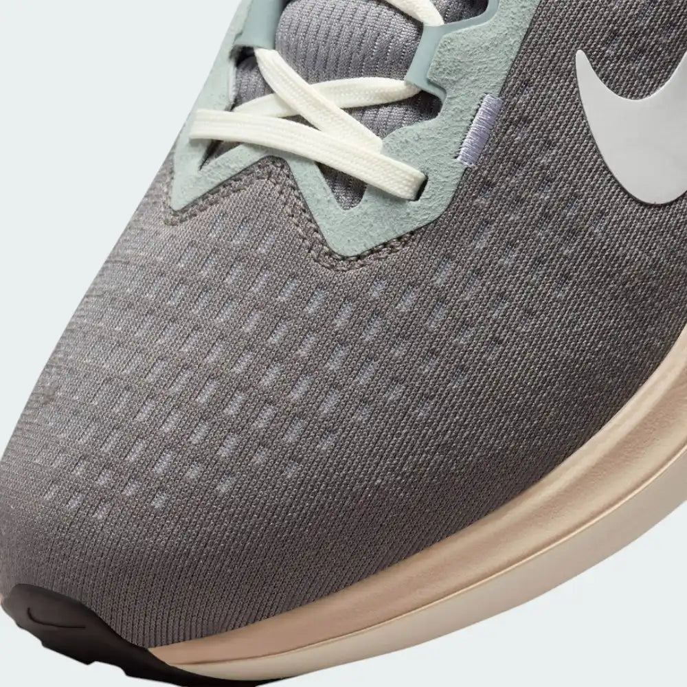 Close-up of the front, showing the reinforced toe cap and the intricate weave of the Flat Pewter mesh material.