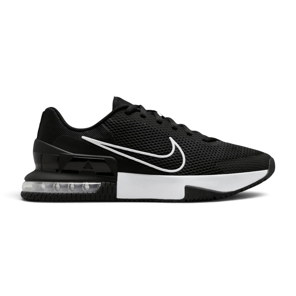 Highlights the high-velocity sweep of the crisp White Nike Swoosh, showing the professional, texturized weave of the Black upper mesh, the sticky rubber wrapping up the side, and the clear window of the visible performance Max Air unit in the heel.