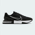 Highlights the high-velocity sweep of the crisp White Nike Swoosh, showing the professional, texturized weave of the Black upper mesh, the sticky rubber wrapping up the side, and the clear window of the visible performance Max Air unit in the heel.
