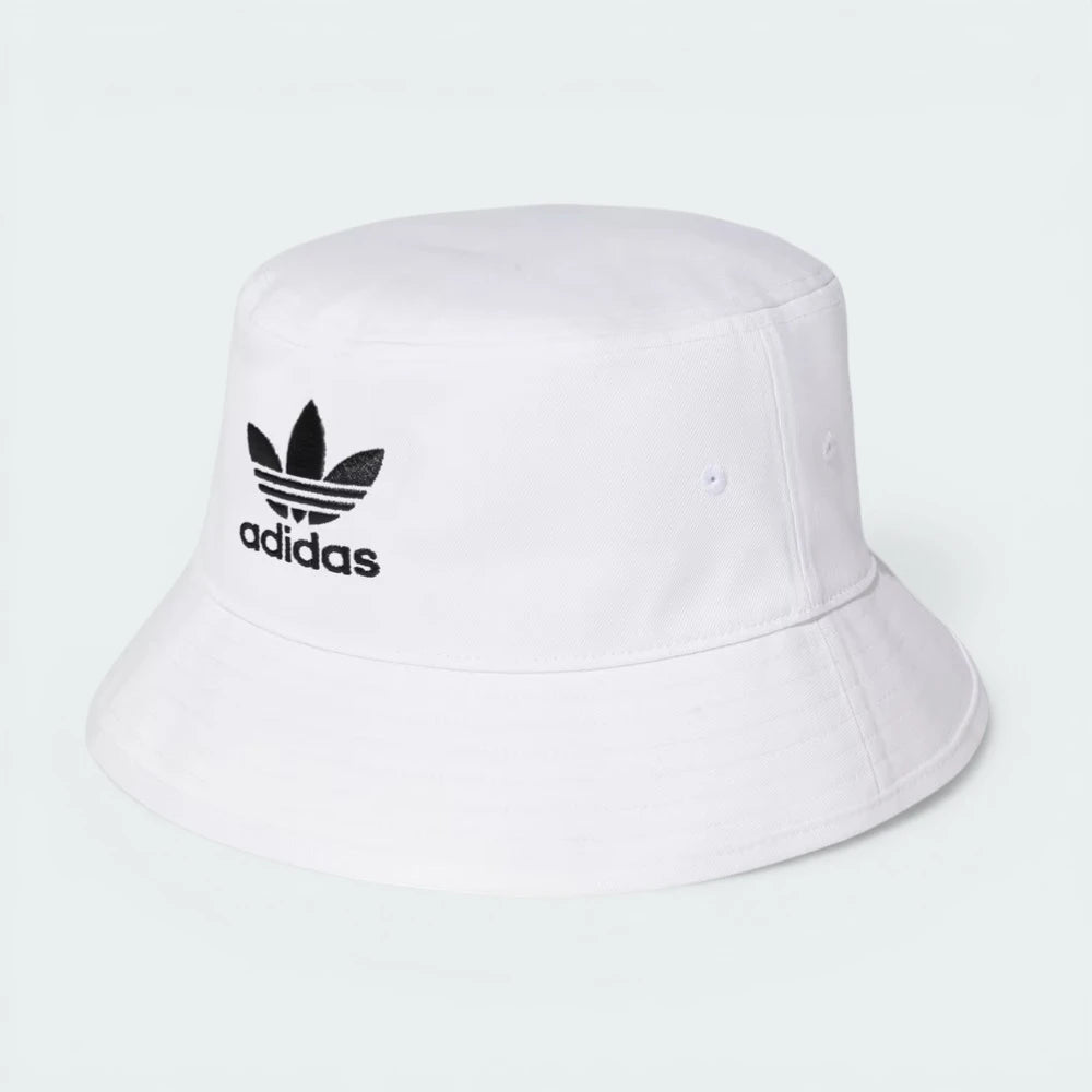 Side profile of the White Adidas bucket hat, highlighting the flexible all-around brim and its relaxed silhouette. Main image