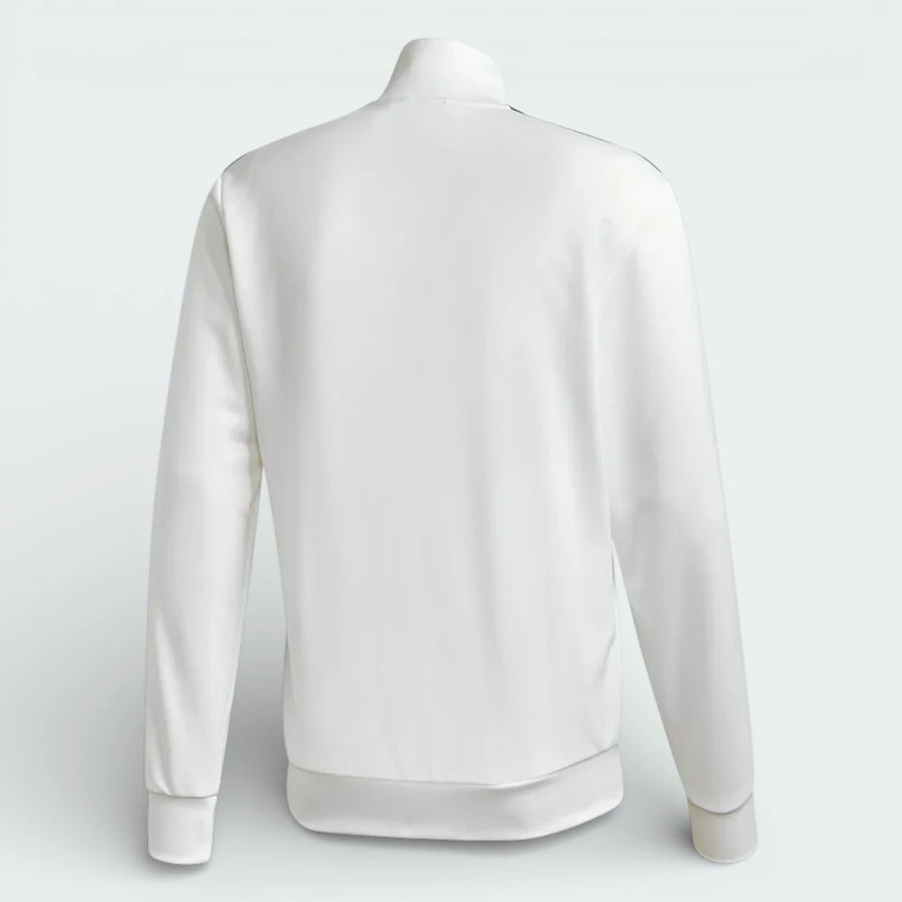 Rear view, showing the clean white design and the snug fit of the ribbed hem.