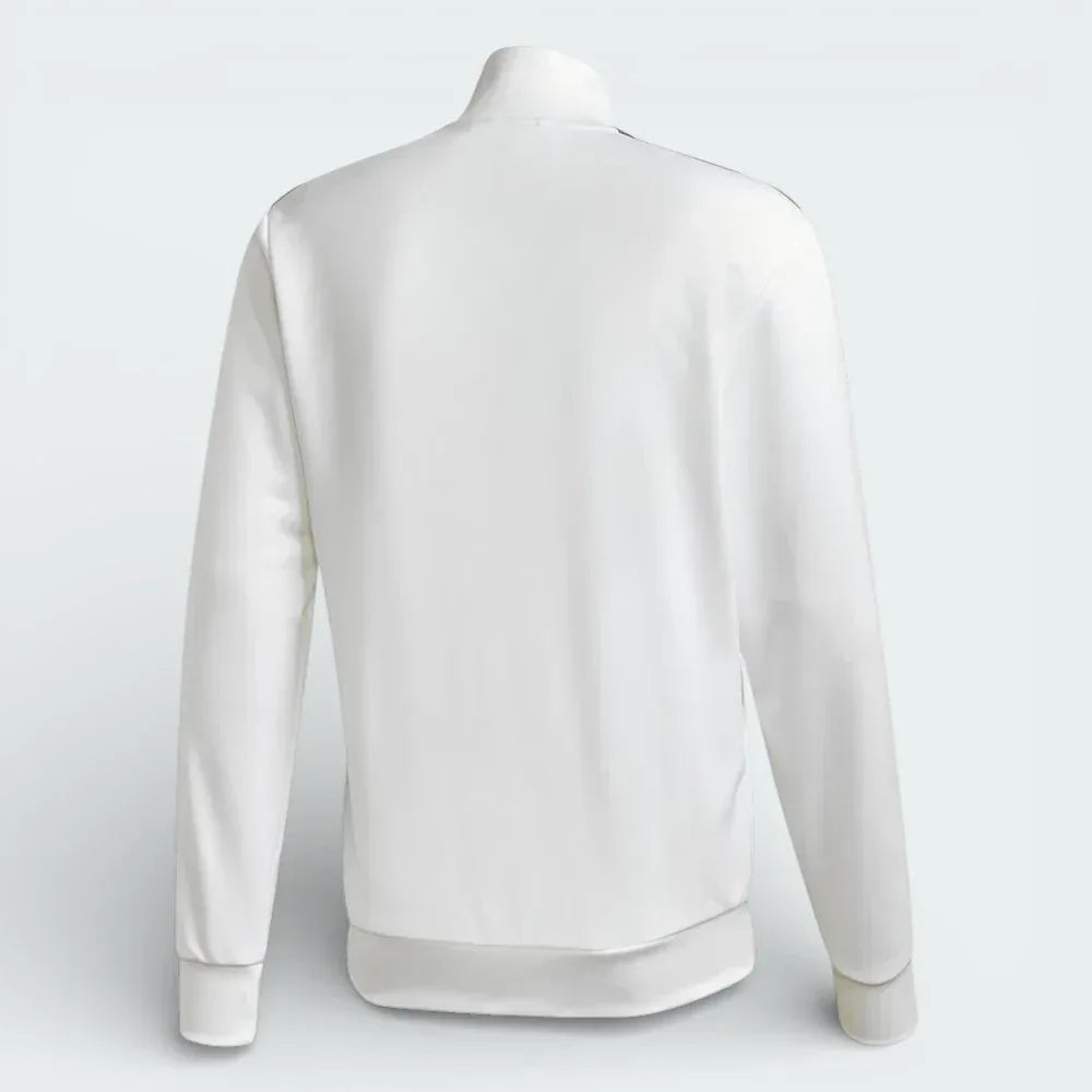 Rear view, showing the clean white design and the snug fit of the ribbed hem.