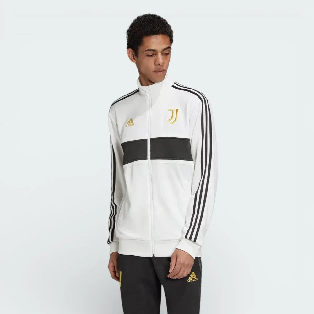 Close-up of the front of the jacket, focusing on the detailed gold embroidery of the Juventus crest and the high-quality zipper. Main image