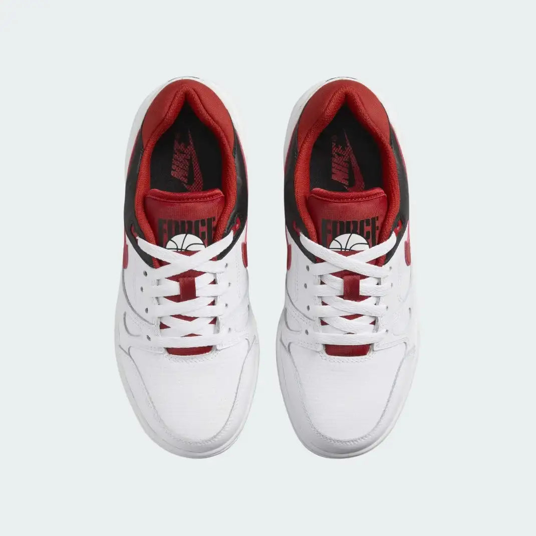 Top-down view of a pair of Nike Full Force Lo Juniors' trainers in white, highlighting the lace-up closure and chunky silhouette.