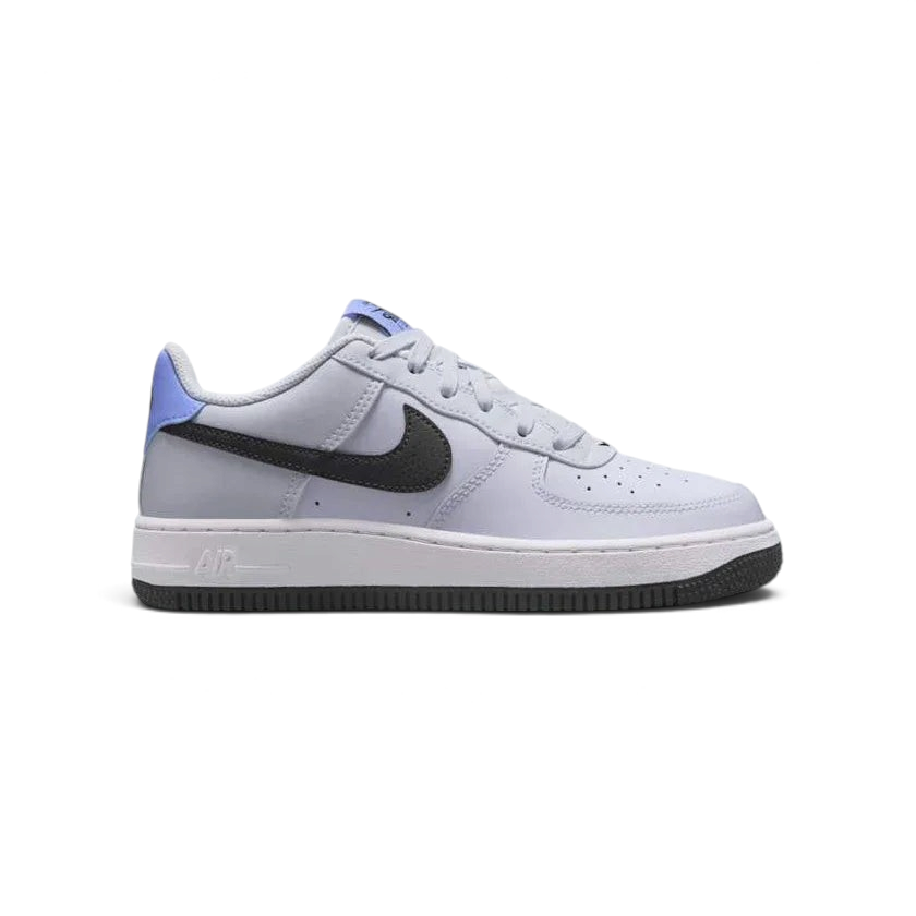 Nike Air Force 1 Juniors Grey Trainers FV5948-003 side view showing grey leather upper, tonal Swoosh, and classic Air sole Main image