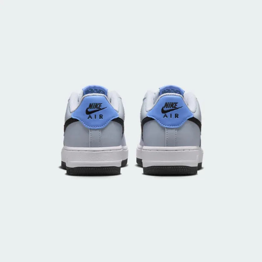 Nike Air Force 1 Juniors Grey Trainers FV5948-003 back view showing heel tab with Nike Air embroidery and low-cut collar