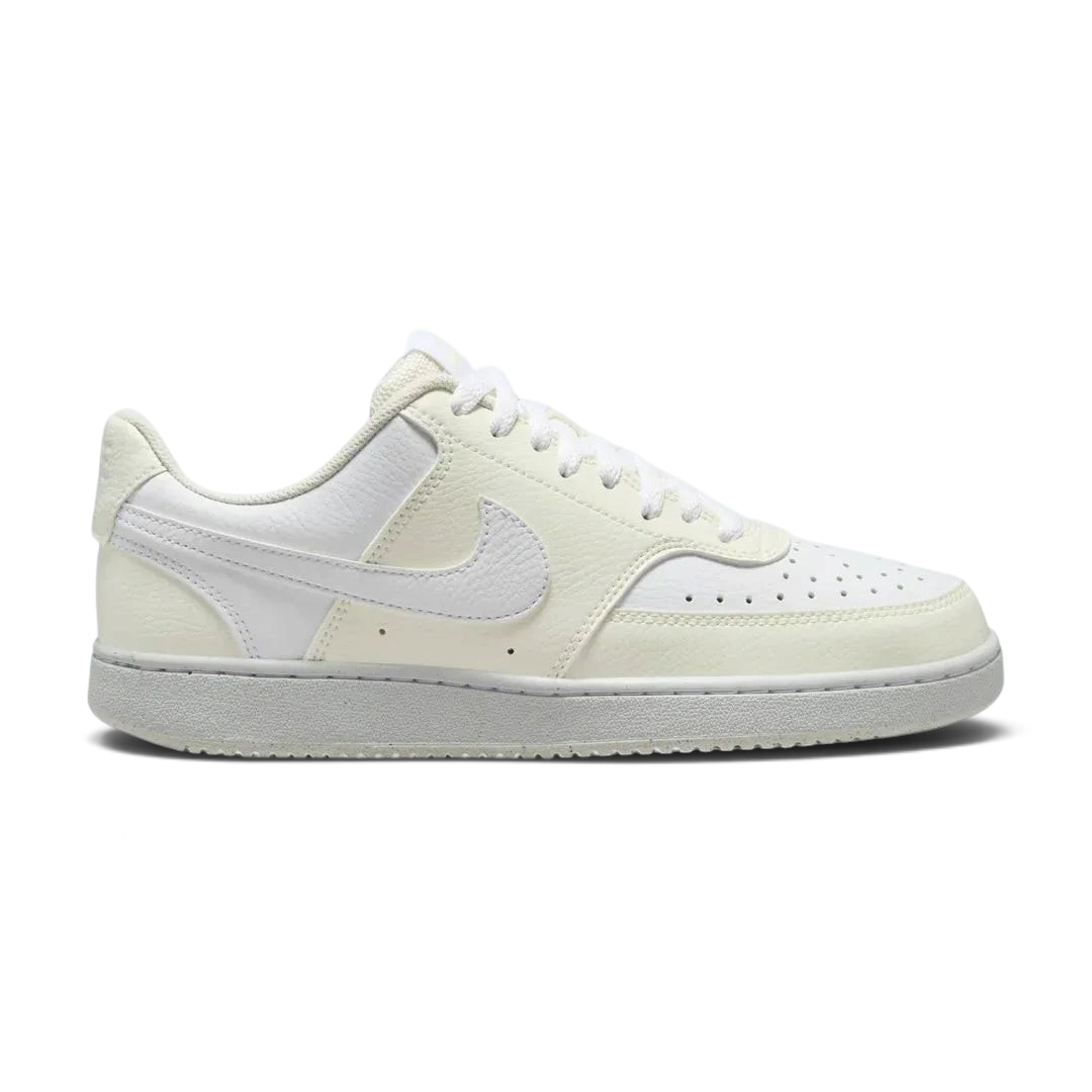 Nike Court Vision Lo Next Nature Women's trainers in white with a white Nike Swoosh, side profile showing classic basketball-inspired design and low-cut collar.