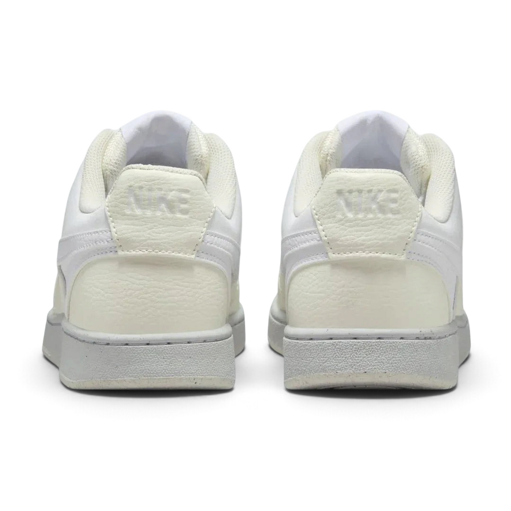 Rear view of the Nike Court Vision Lo Next Nature Women's white trainers, focusing on the heel panel and Nike branding.