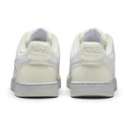 Rear view of the Nike Court Vision Lo Next Nature Women's white trainers, focusing on the heel panel and Nike branding.