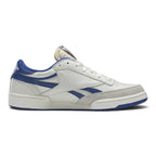 Lateral profile view of the Reebok Club C Revenge Vintage shoe in chalk white leather with collegiate royal blue side stripes, grey suede toe cap overlay, and off-white midsole on a plain white background.